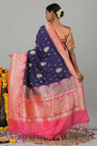 Blue Pink Pure Katan Silk Banarasi Kadiyal Saree- Silk Mark Certified
