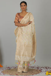 Off White Pure Katan Silk Banarasi Saree- Silk Mark Certified