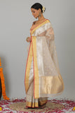 Off White Pure Kora Banarasi Handloom Saree- Silk Mark Certified