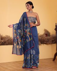 Electric Blue Embroidery Moonga Silk Saree