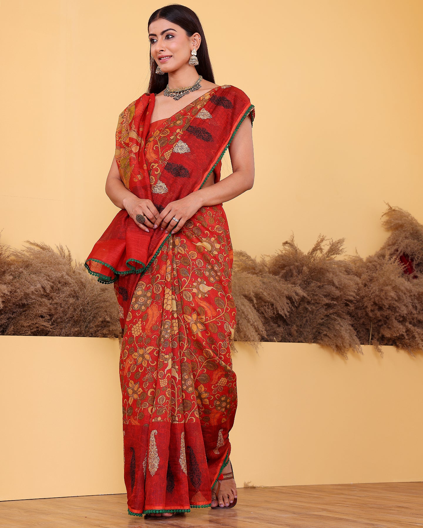 Kalamkari Red Embroidery Moonga Silk Saree