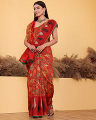 Kalamkari Red Embroidery Moonga Silk Saree