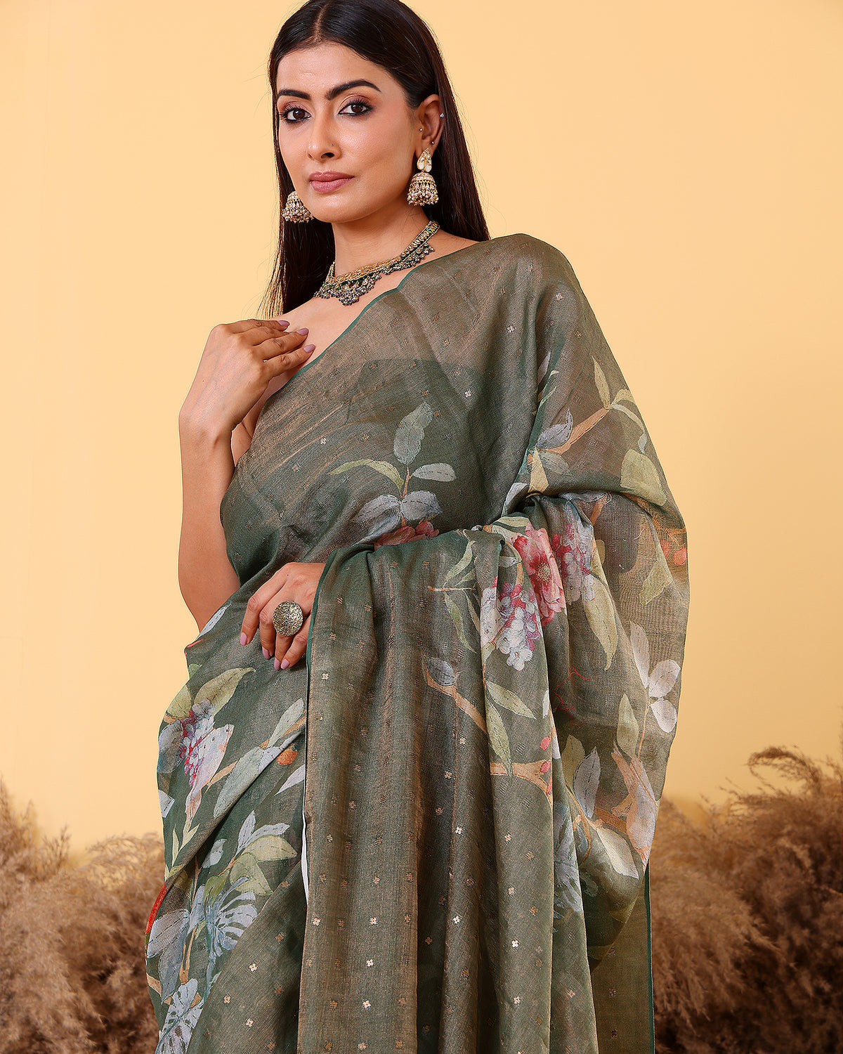 Floral Olive Green Tissue Moonga Saree