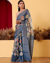 Handwoven Blue Tissue Moonga Floral Silk Saree