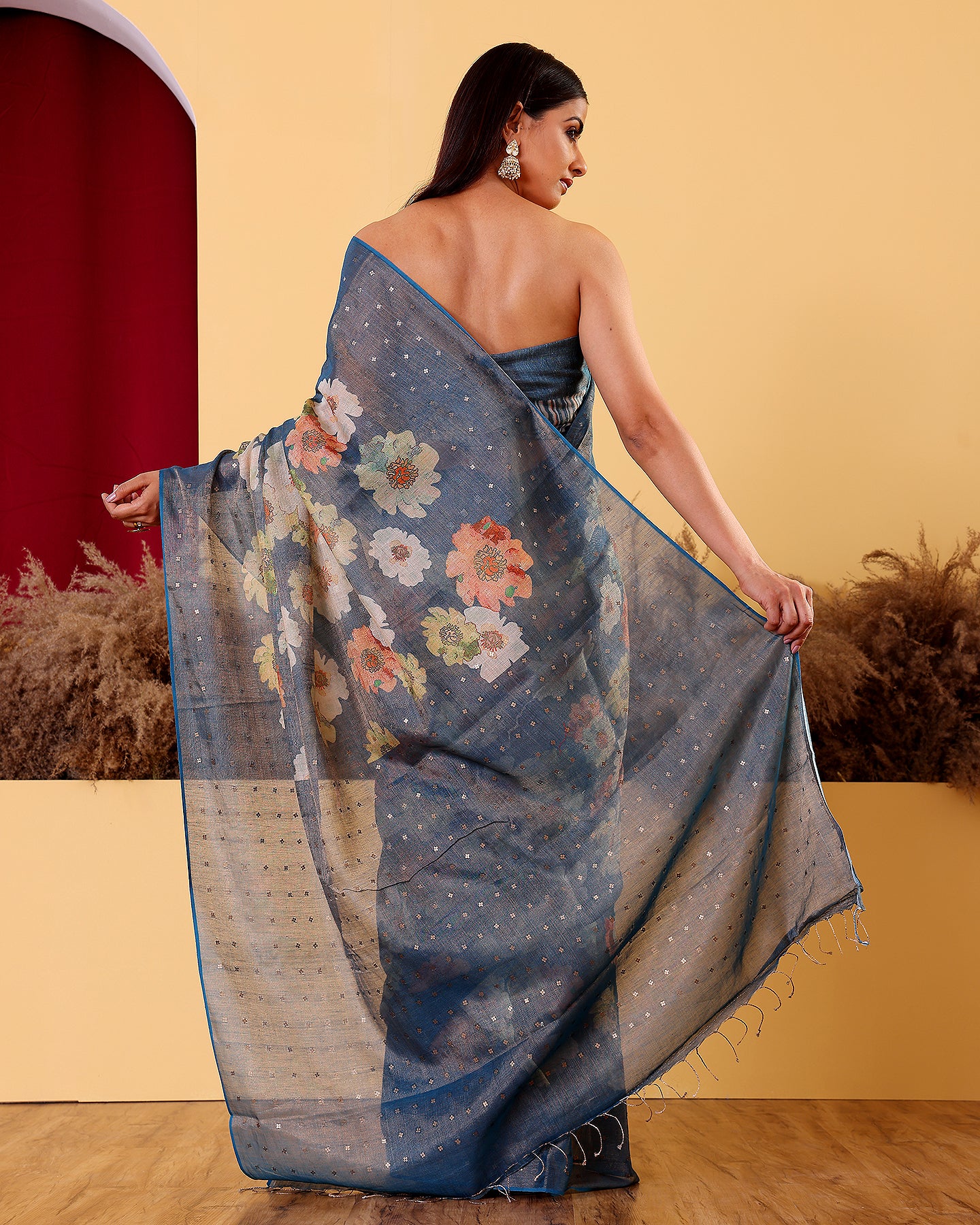 Handwoven Blue Tissue Moonga Floral Silk Saree
