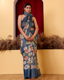 Handwoven Blue Tissue Moonga Floral Silk Saree