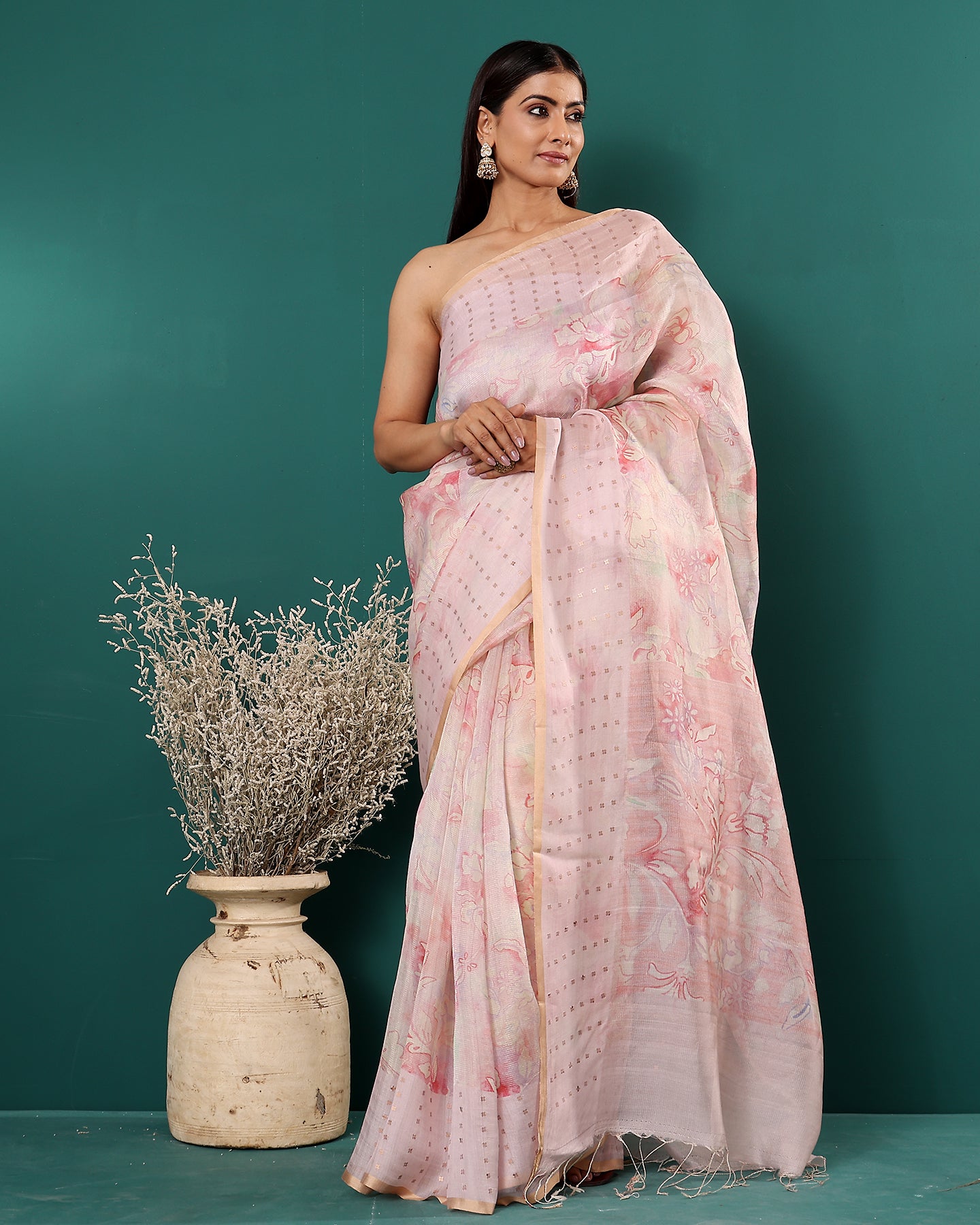 Handwoven Tissue Floral Pink Moonga Saree