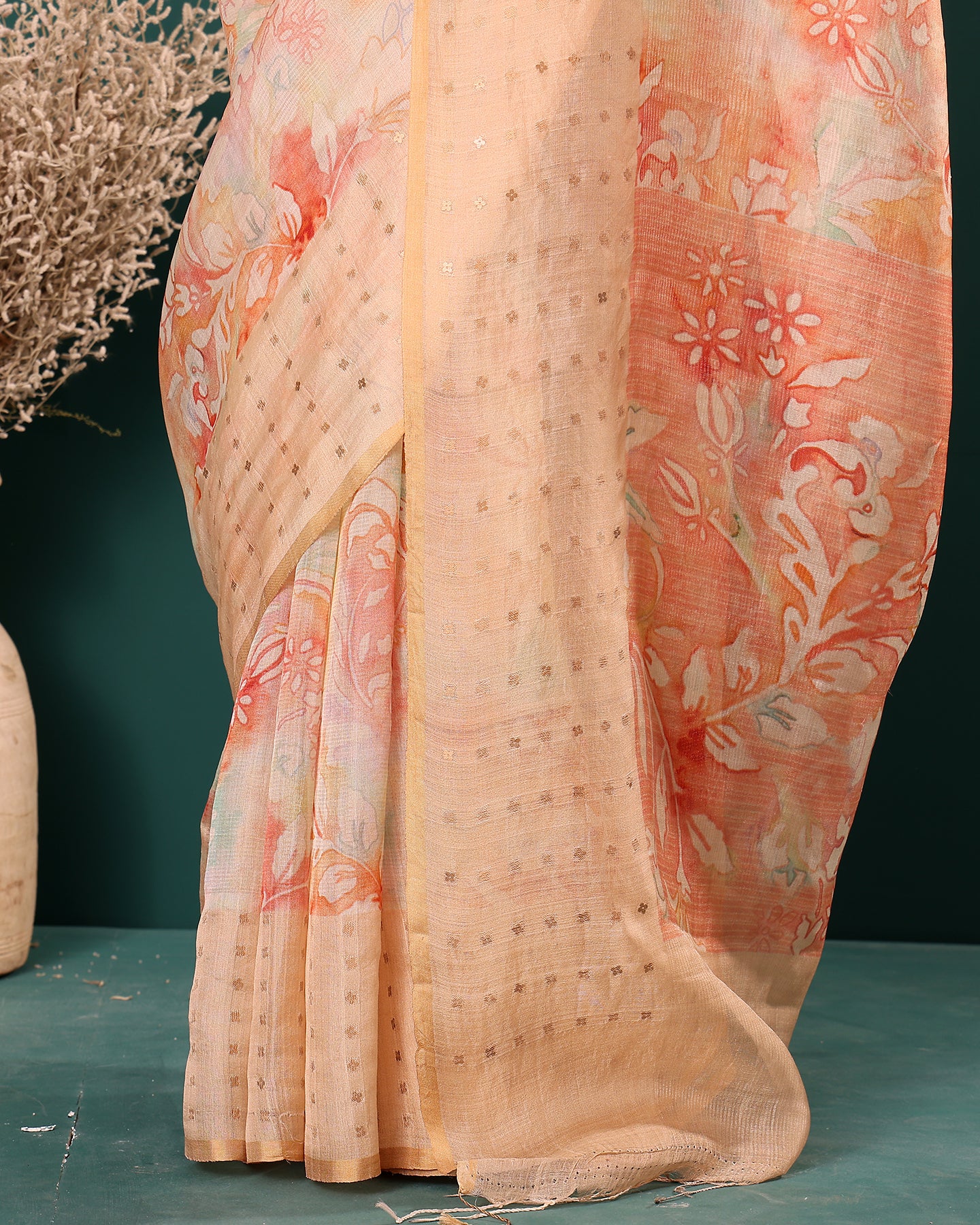 Handwoven Peach Tissue Moonga Silk Saree