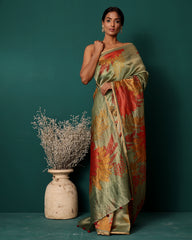 Handwoven Katan Stripes Floral Silk Saree