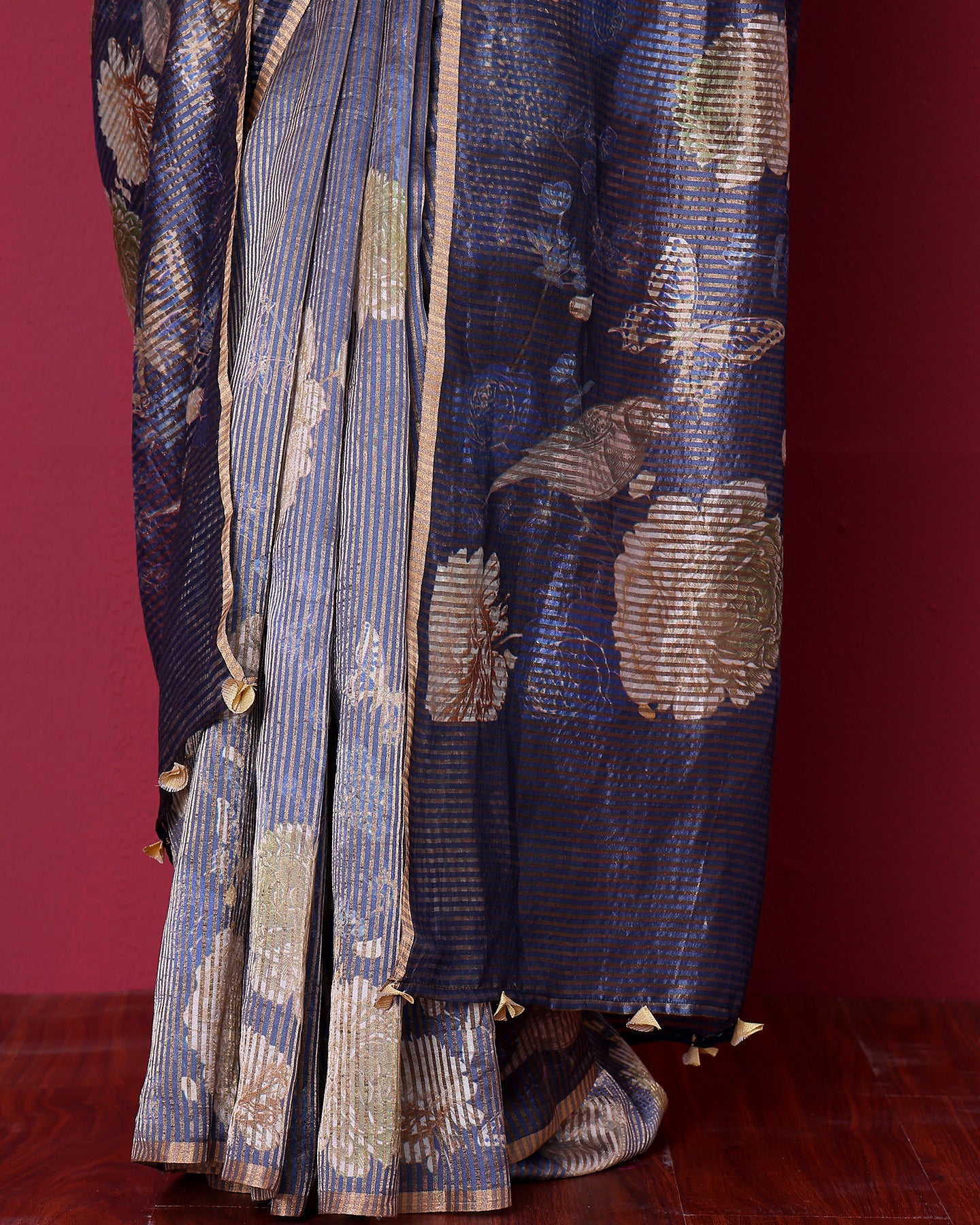 Handwoven Katan Silk Stripes Mauve Floral Saree
