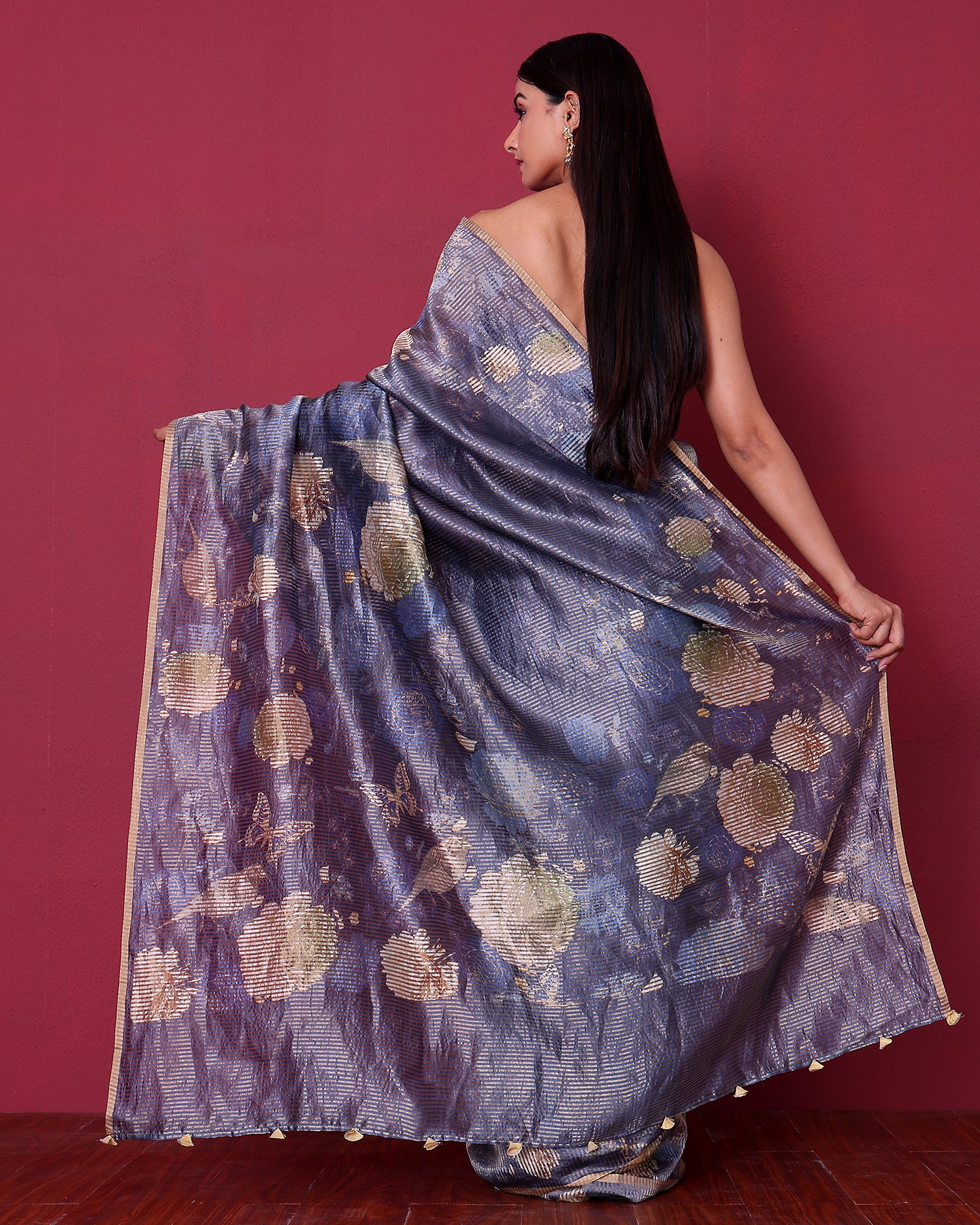Handwoven Katan Silk Stripes Mauve Floral Saree