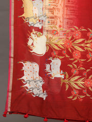 Deep Red Pichwai Silk Cotton Dupatta