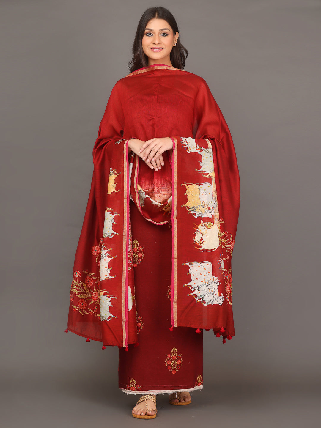 Deep Red Pichwai Silk Cotton Suit Set