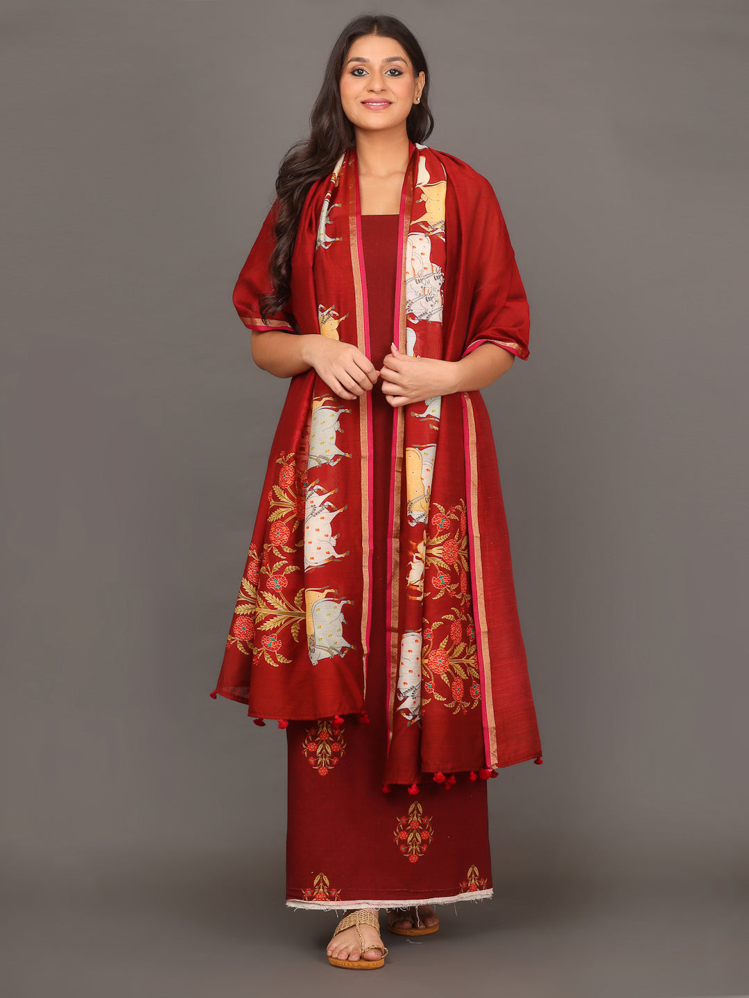 Deep Red Pichwai Silk Cotton Suit Set