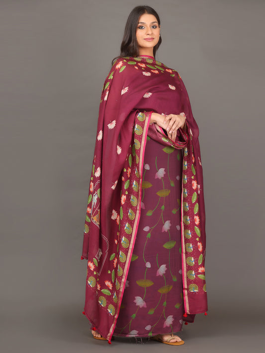 Burgungy Pichwai Cotton Silk Suit Set