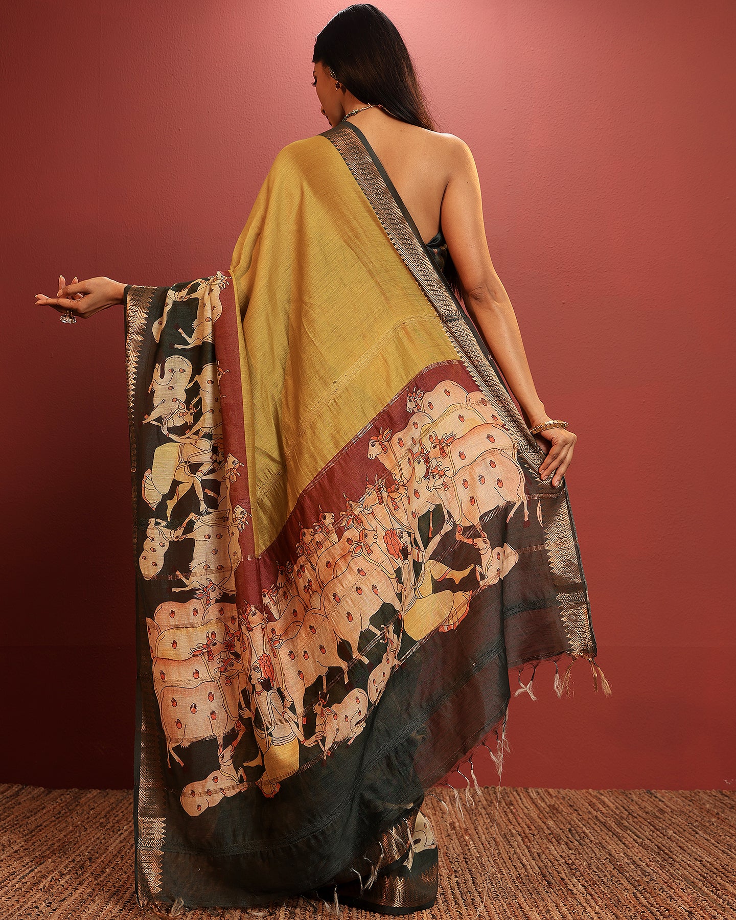 Mustard Wowen Moonga Silk Saree