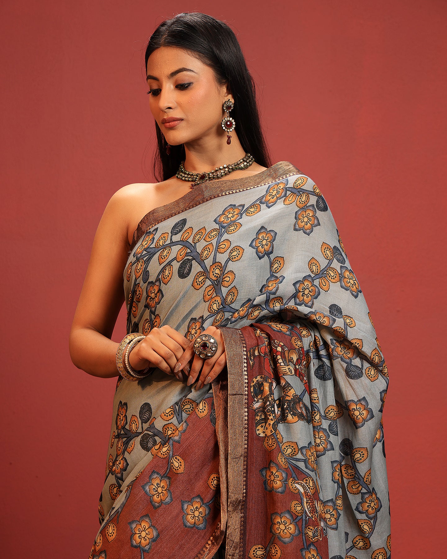 Kalamkari Moonga Silk Saree