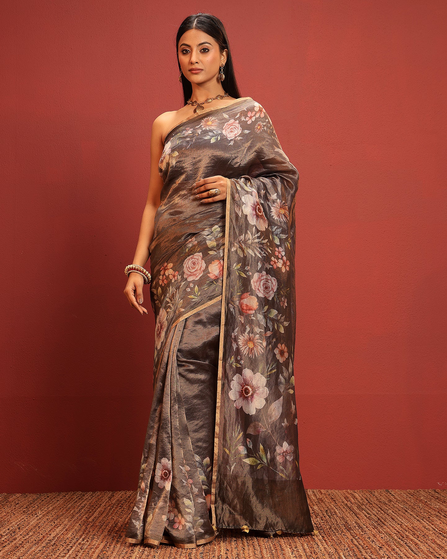 Silk Stripes Floral Saree