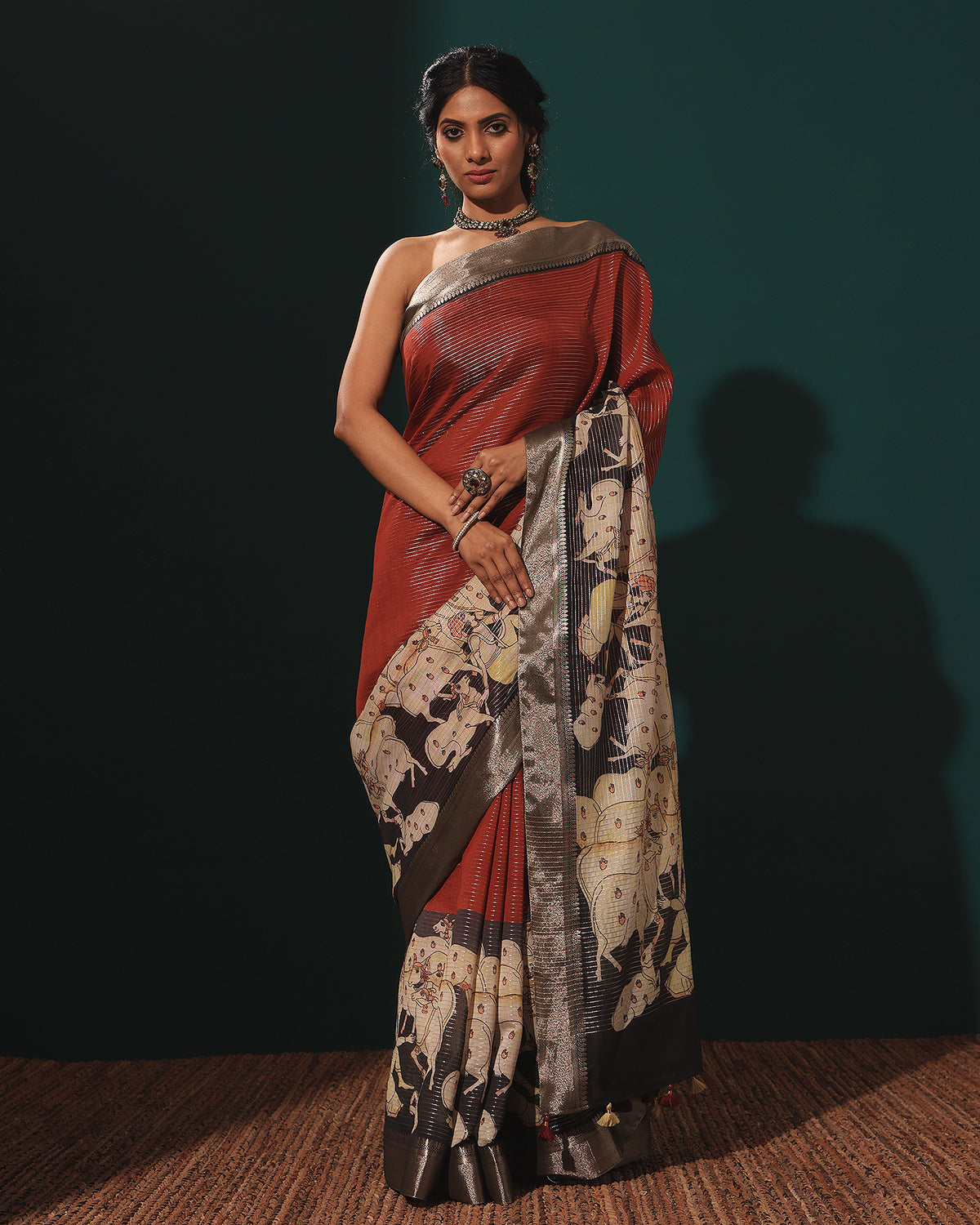 Katha Chanderi Maroon Pichwai Saree