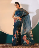 Midnight Blue Hand Embroidary Floral Saree