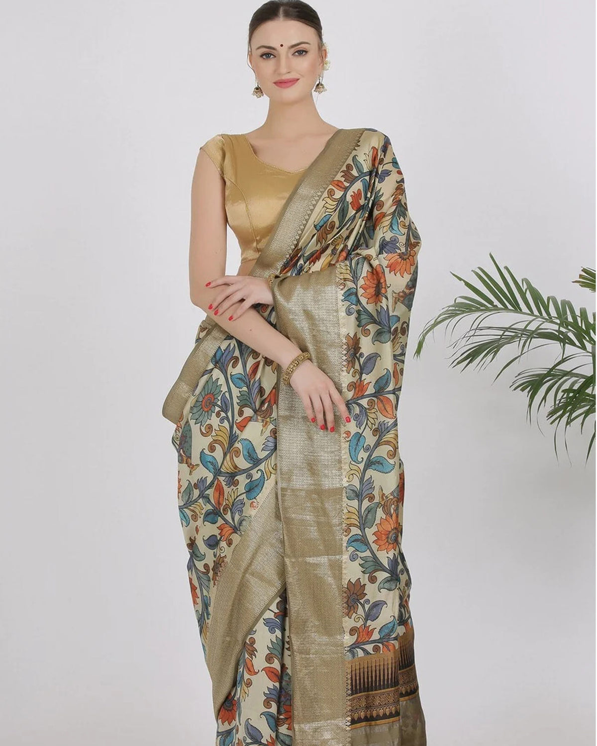 BEIGE KATAN SILK SAREE - SILK MARK CERTIFIED