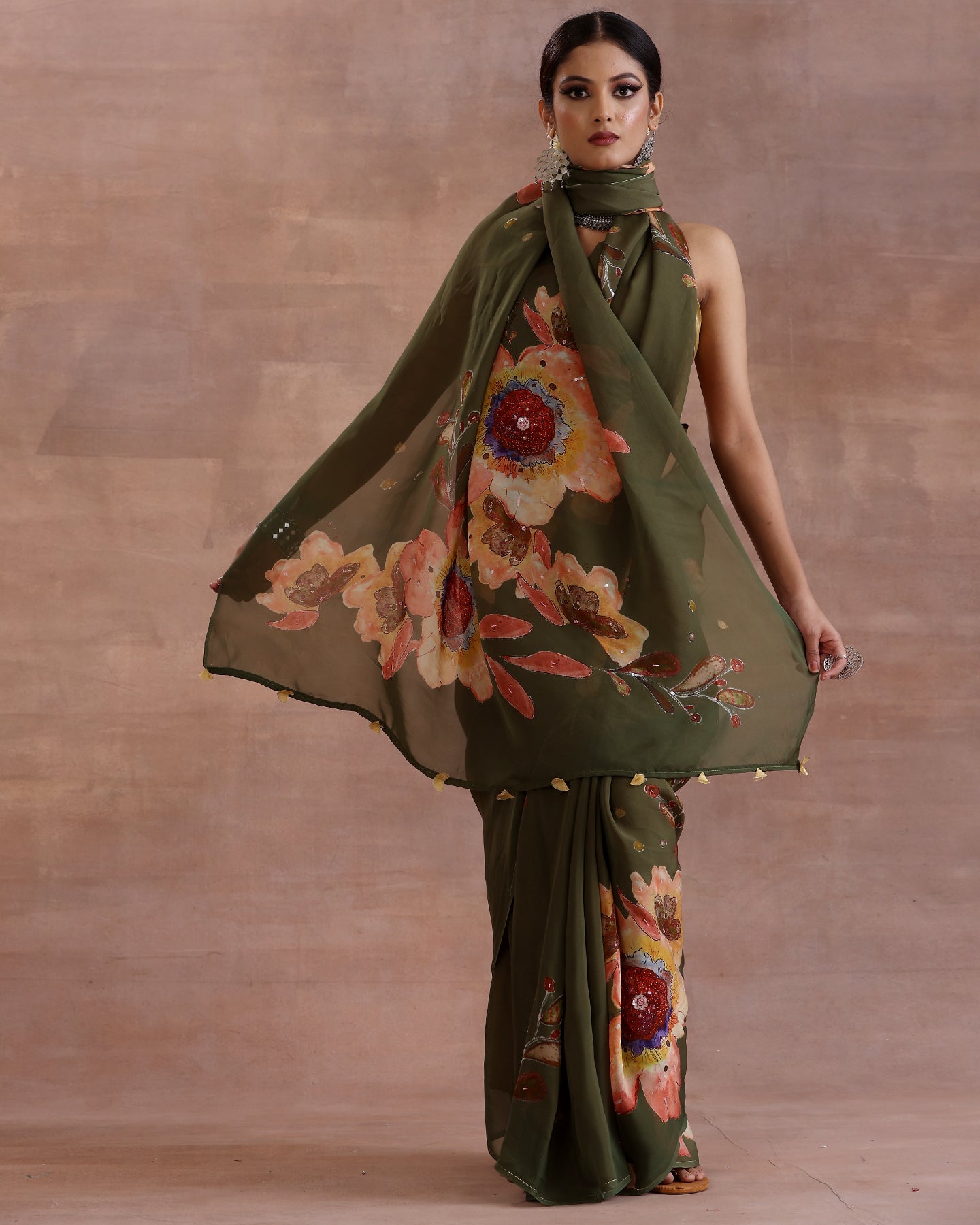 Olive Green Floral Organza Saree