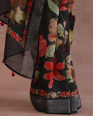Black Multicolor Floral Linen Saree