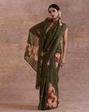 Olive Green Floral Organza Saree