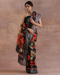 Black Multicolor Floral Linen Saree