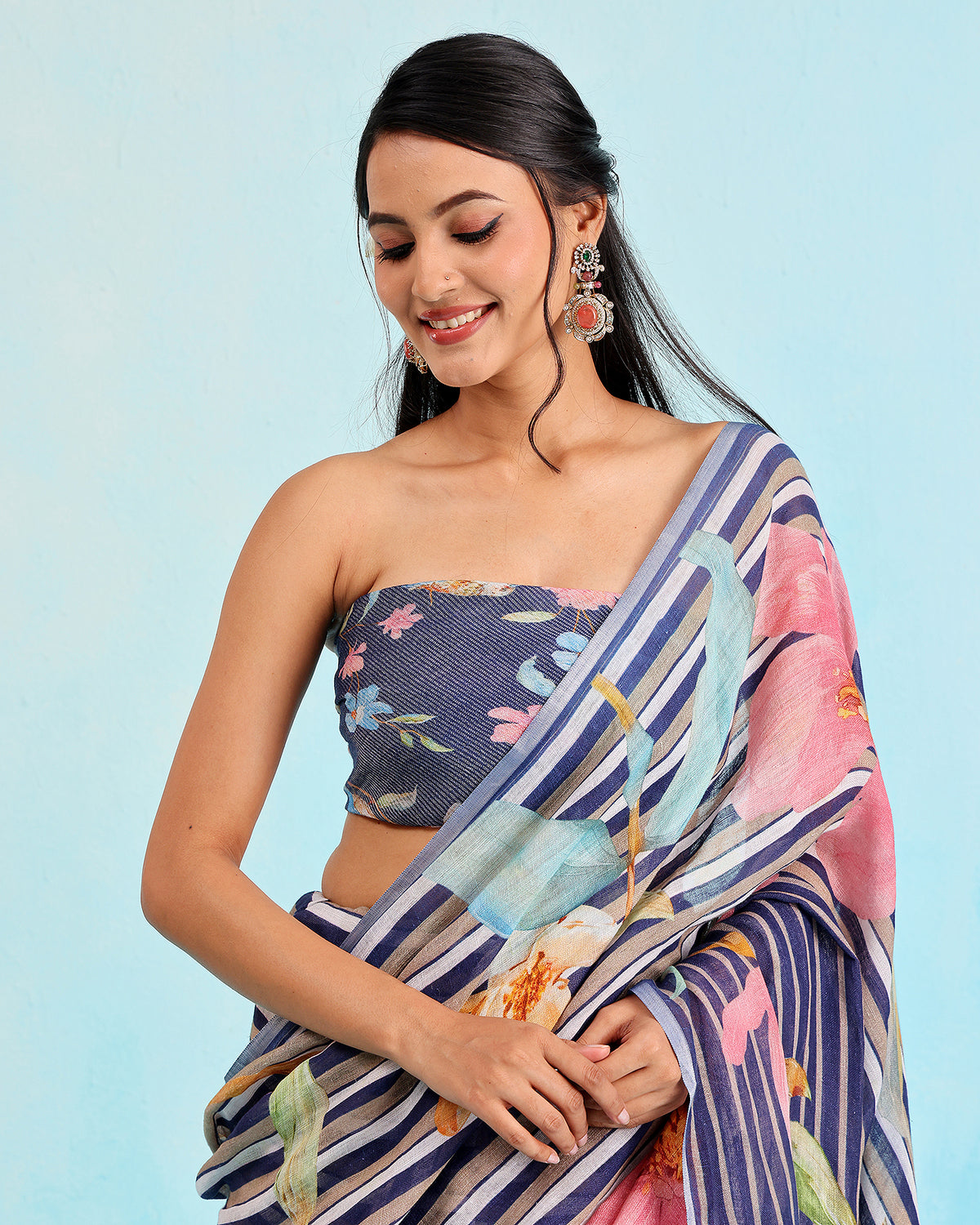 Midnight Blue Floral Linen Saree