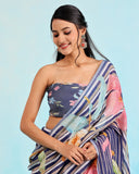 Midnight Blue Floral Linen Saree