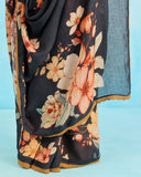 Midnight Bloom Floral Linen Saree