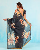 Midnight Bloom Floral Linen Saree