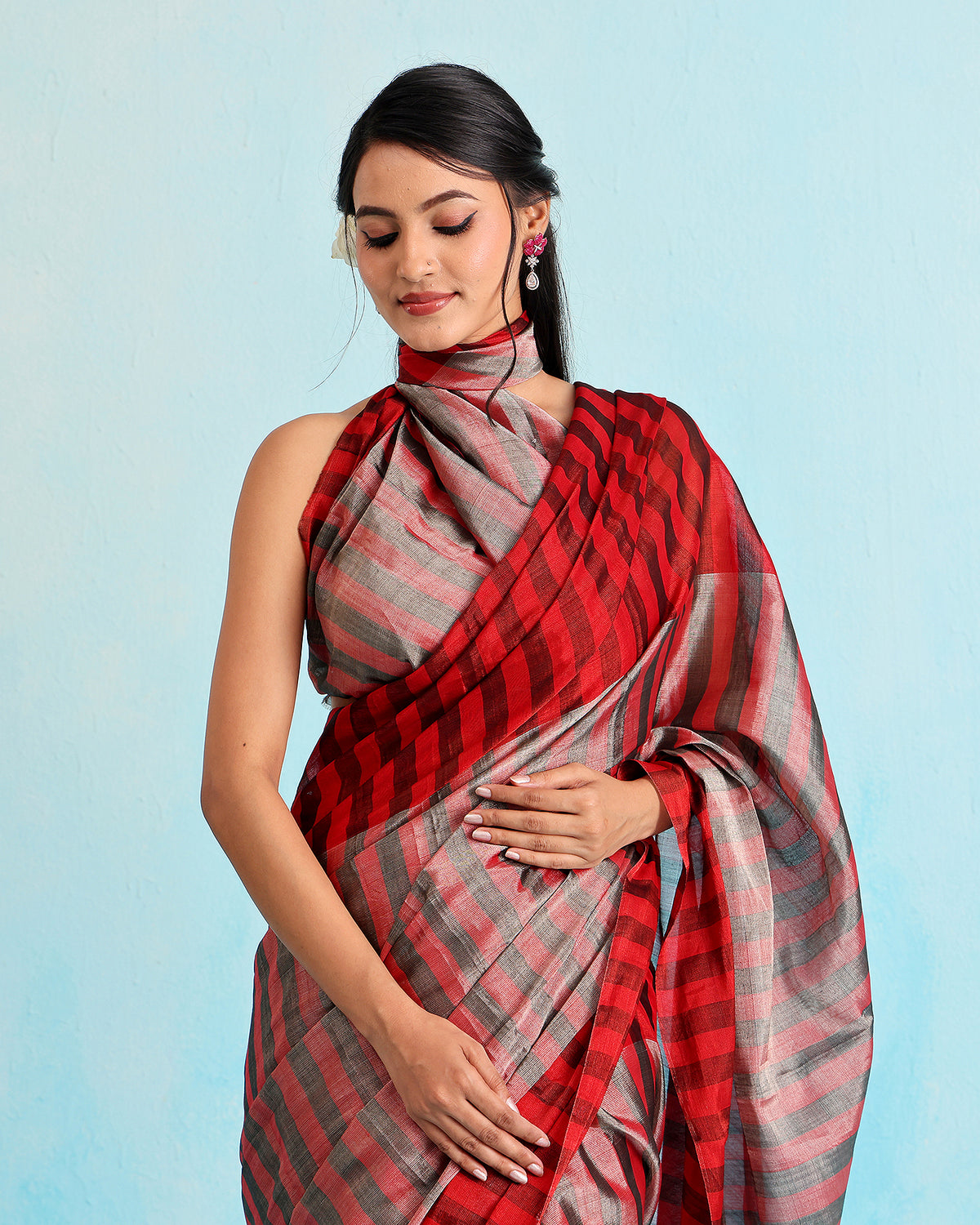 Crimson Metallic Striped Saree