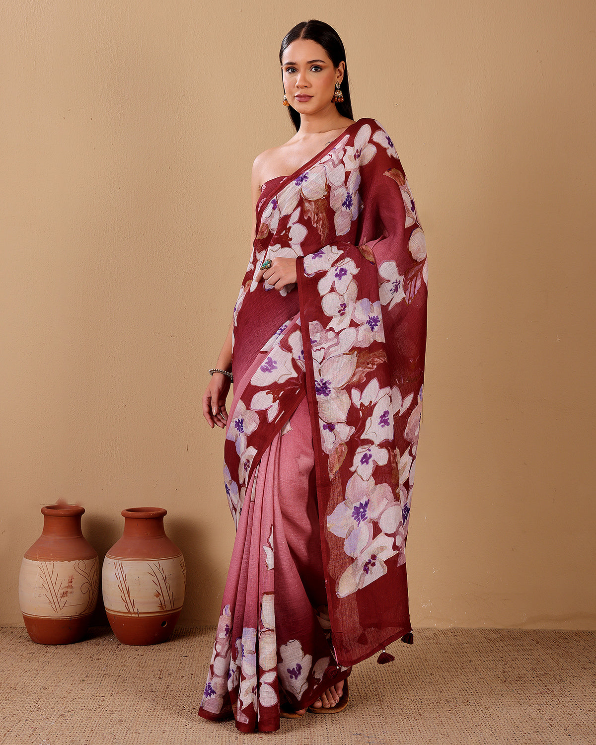 Maroon Blossom Grace Linen Saree