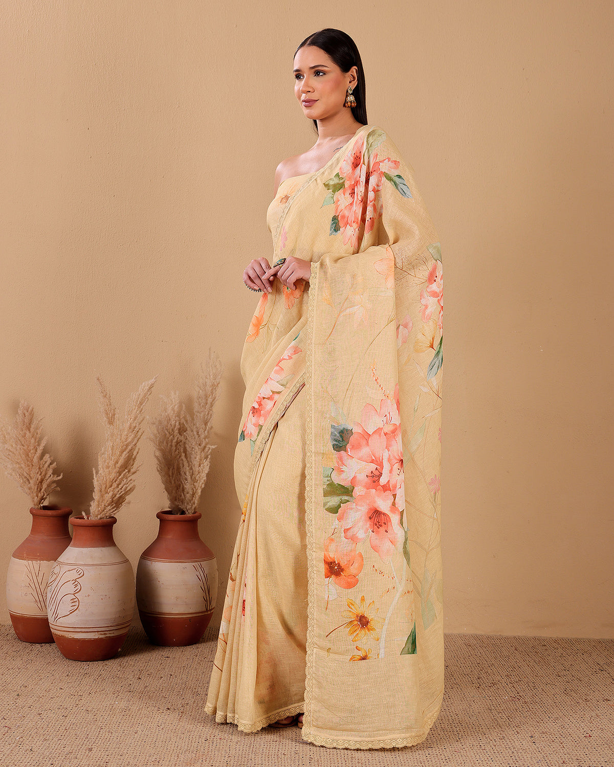 Pastel Lemon Bloom Linen Saree