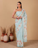 Pastel Blue Blossom Linen Saree