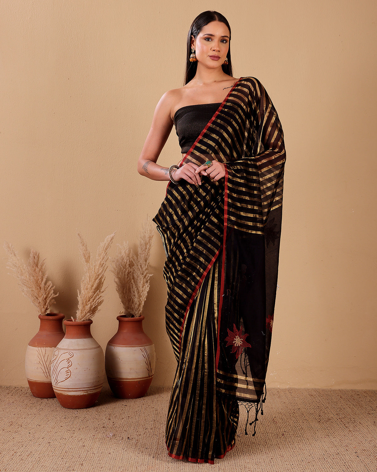 Black Gold Stripes Handloom Chanderi Silk Saree