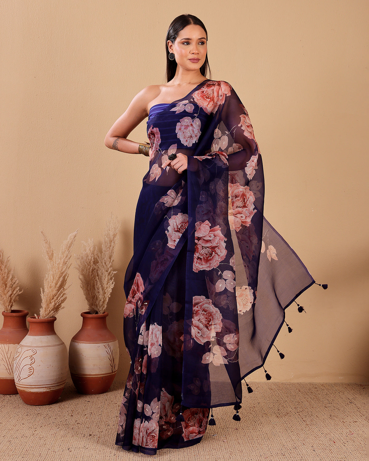 Midnight Blossom Organza Silk Saree
