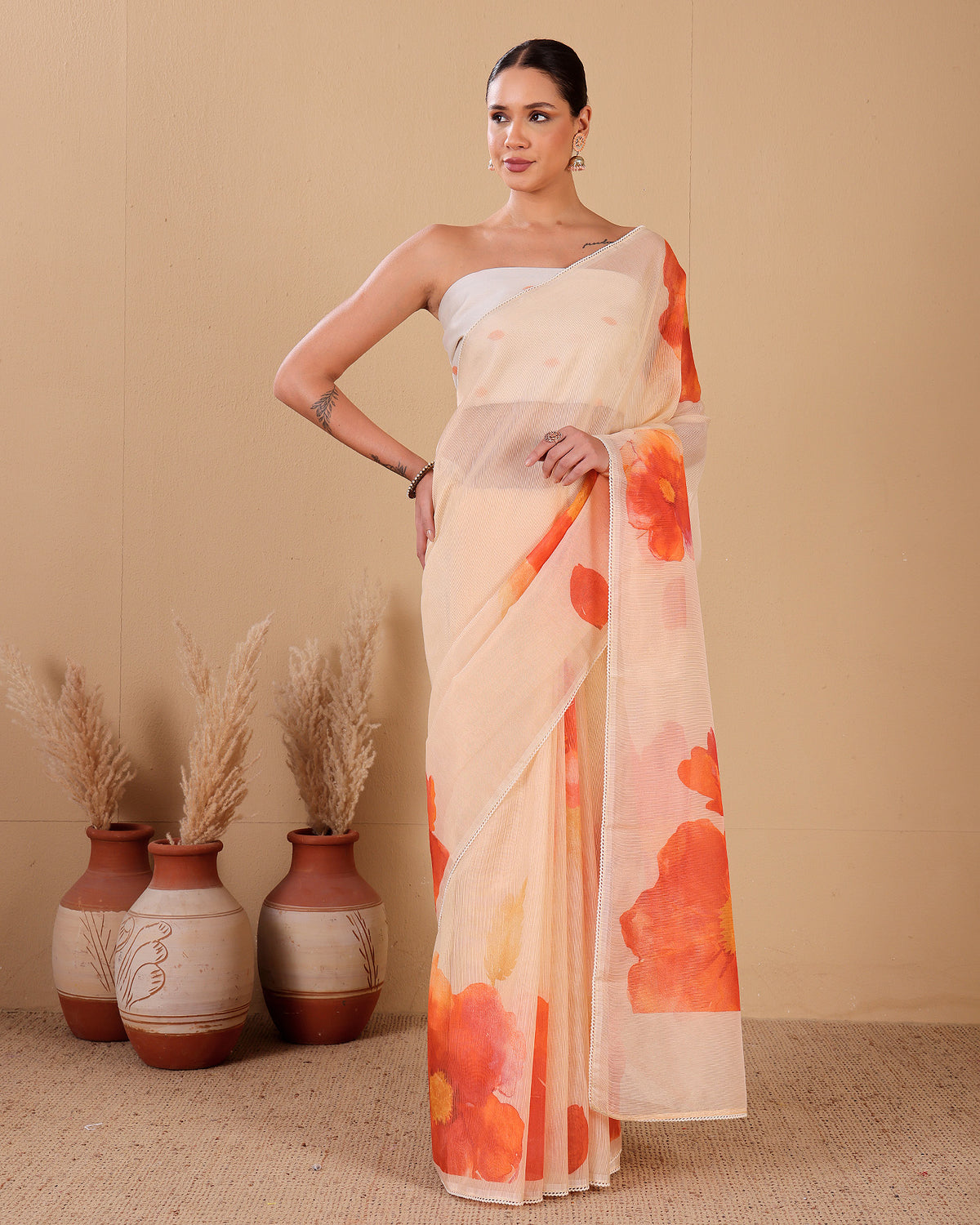 Chanderi Tissue Stripes Saree with Floral  Print