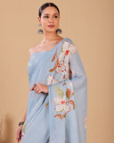 Linen Saree with Floral Print & Tassel Detailing