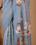 Linen Saree with Floral Print & Tassel Detailing