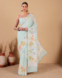 Linen Saree with Floral Print & Hand Embroidery