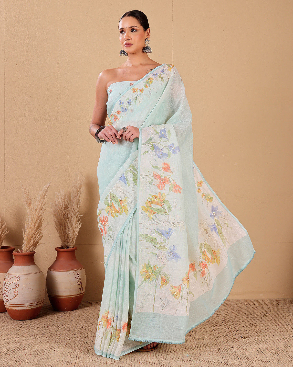 Linen Saree with Floral Print & Hand Embroidery
