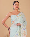 Linen Saree with Floral Print & Hand Embroidery