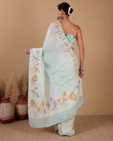 Linen Saree with Floral Print & Hand Embroidery