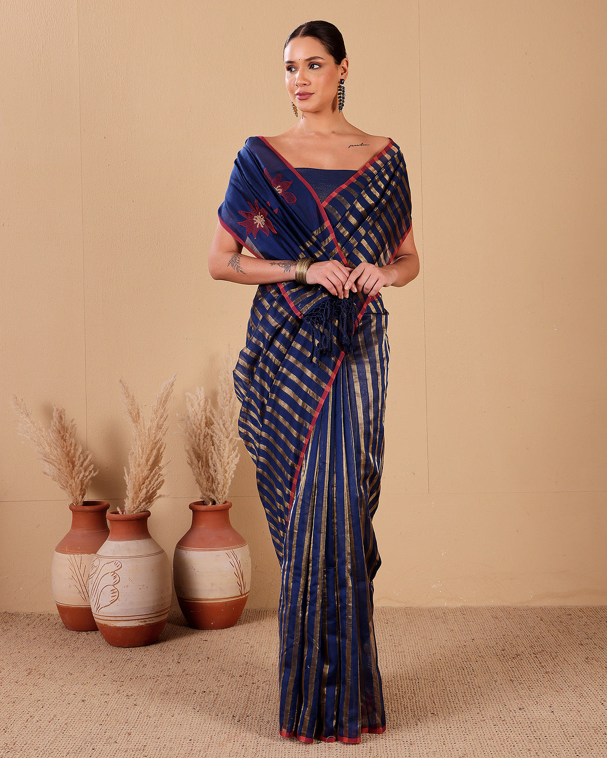Handloom Chanderi Stripes Saree With Floral Embroidered Pallu
