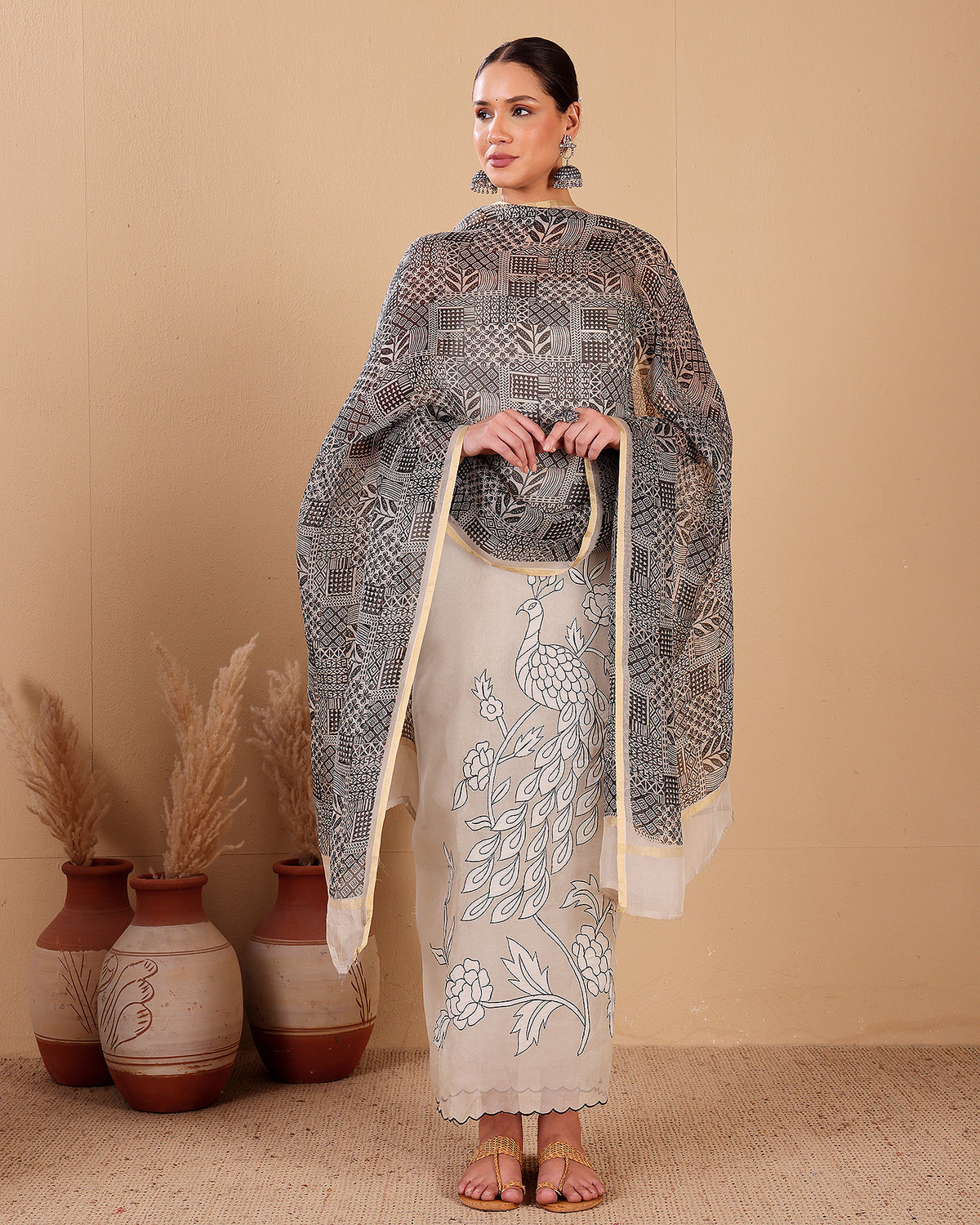 Ivory Organza Suit Set With Peacock Appliqué Work