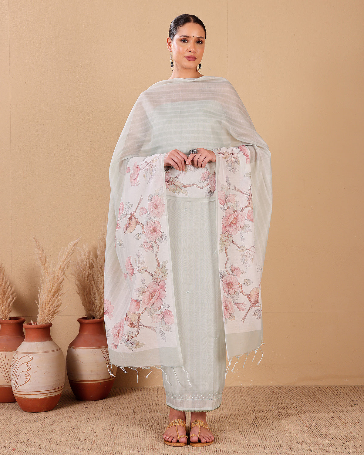 Sage Green Mal Chanderi Suit Set with Floral Dupatta