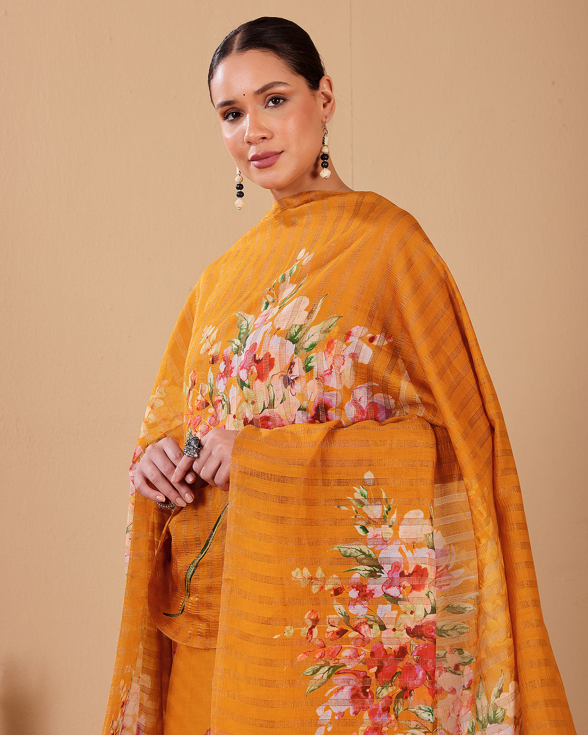 Mustard Yellow Mal Chanderi Suit Set with Tissue Stripe Dupatta